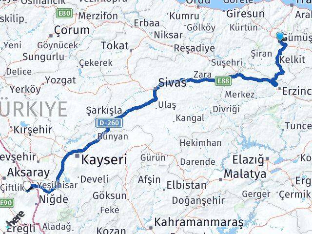 Gümüşhane Çiftlik Niğde Arası Kaç Km - Yol Haritası