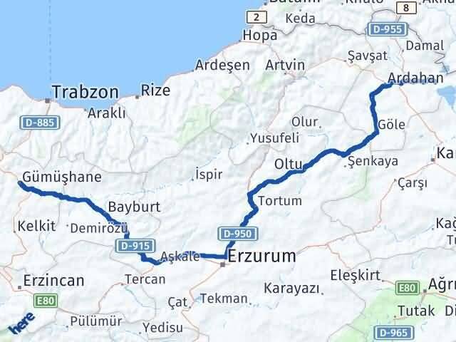 Gümüşhane Çıldır Ardahan Arası Kaç Km - Yol Haritası