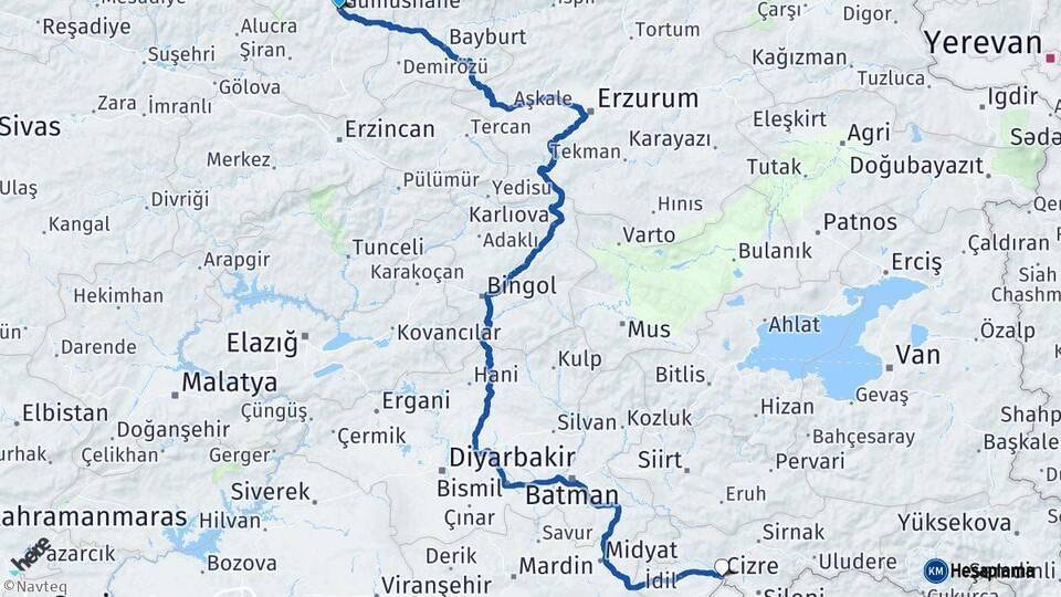 Gümüşhane Cizre Şırnak Arası Kaç Km - Yol Haritası