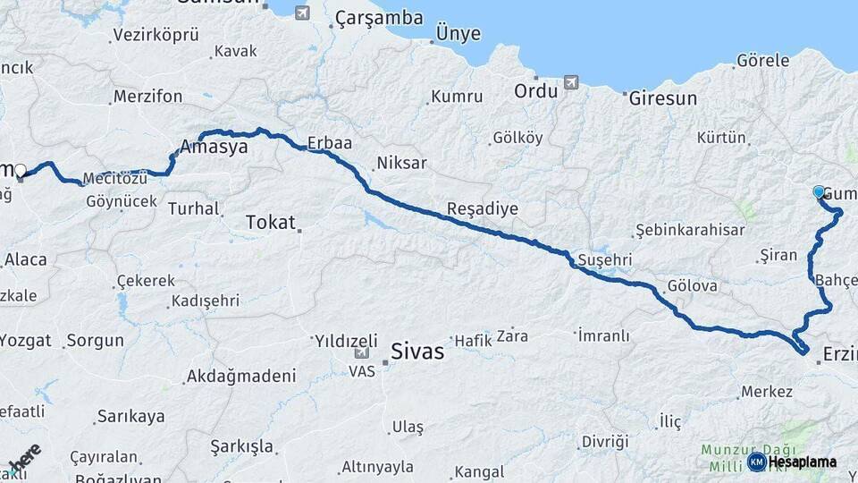 Gümüşhane Çorum Arası Kaç Km - Yol Haritası