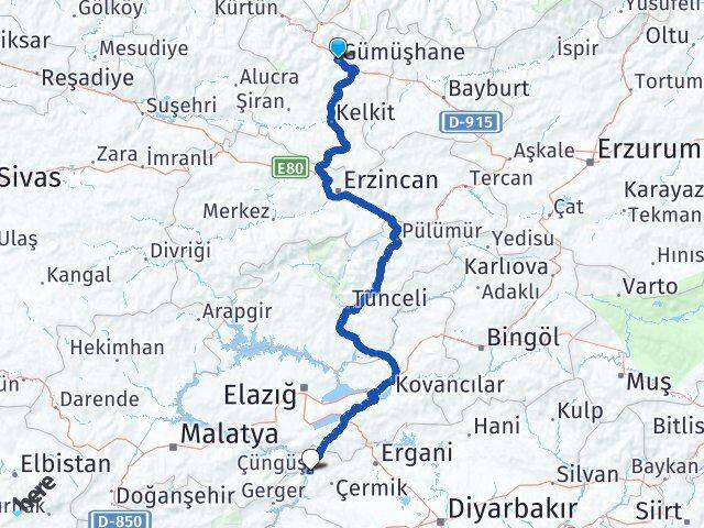 Gümüşhane Çüngüş Diyarbakır Arası Kaç Km - Yol Haritası