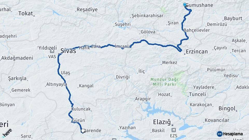 Gümüşhane Darende Malatya Arası Kaç Km - Yol Haritası