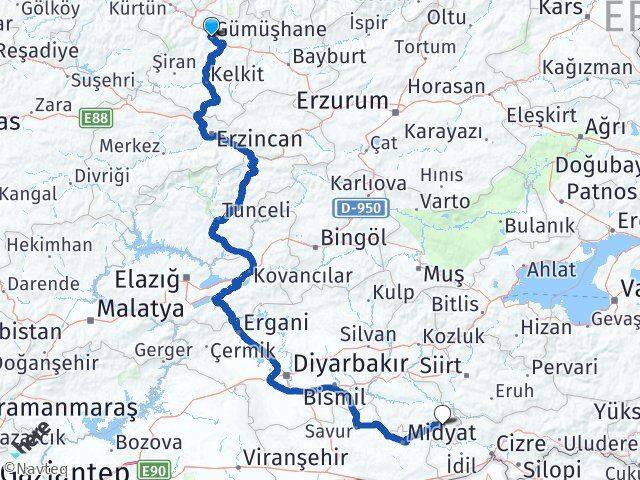 Gümüşhane Dargeçit Mardin Arası Kaç Km - Yol Haritası