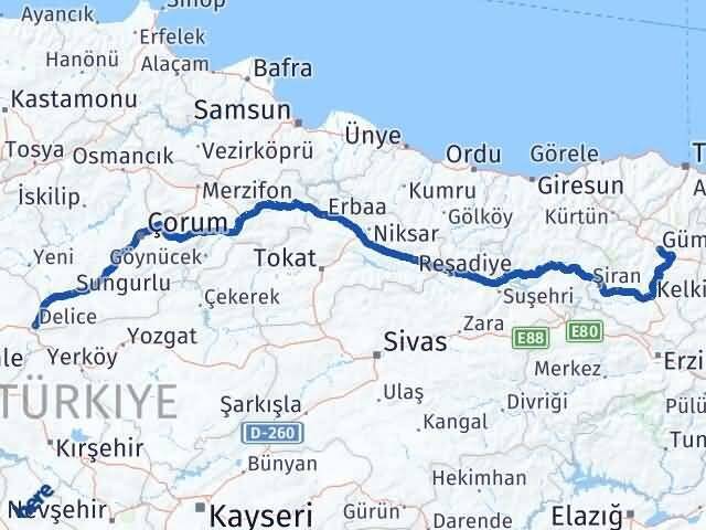Gümüşhane Delice Kırıkkale Arası Kaç Km - Yol Haritası