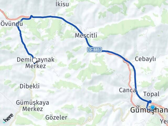 Gümüşhane Demirkaynak Arası Kaç Km - Yol Haritası