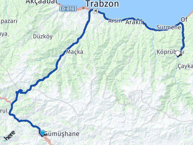 Gümüşhane Dernekpazarı Trabzon Arası Kaç Km - Yol Haritası