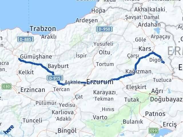 Gümüşhane Digor Kars Arası Kaç Km - Yol Haritası