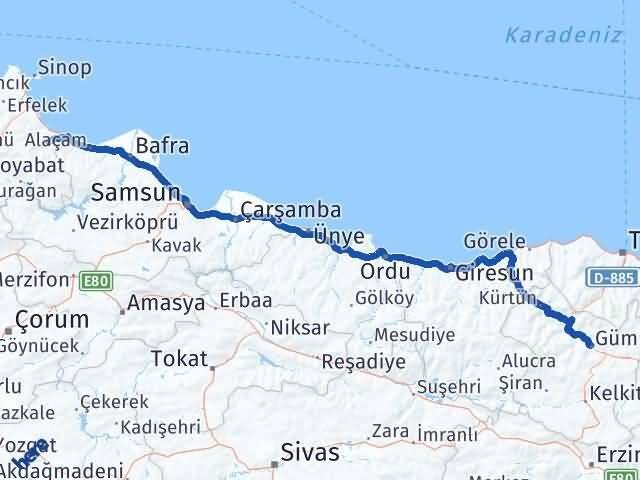 Gümüşhane Dikmen Sinop Arası Kaç Km - Yol Haritası