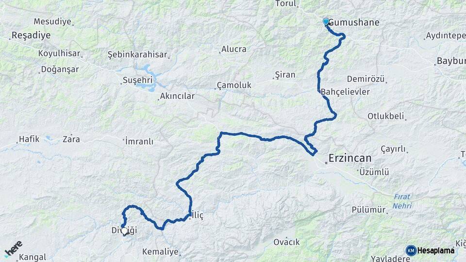 Gümüşhane Divriği Sivas Arası Kaç Km - Yol Haritası