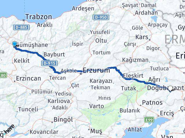 Gümüşhane Diyadin Ağrı Arası Kaç Km - Yol Haritası