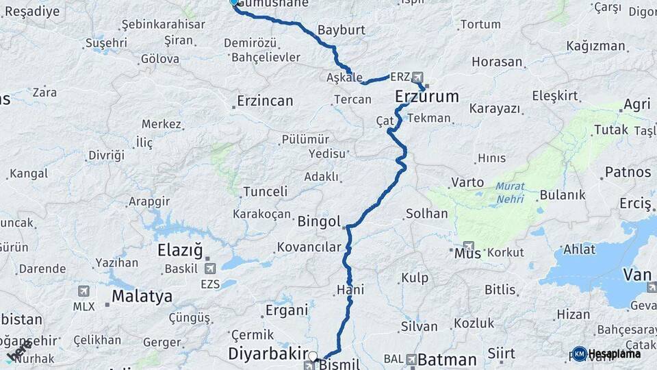 Gümüşhane Diyarbakır Arası Kaç Km - Yol Haritası