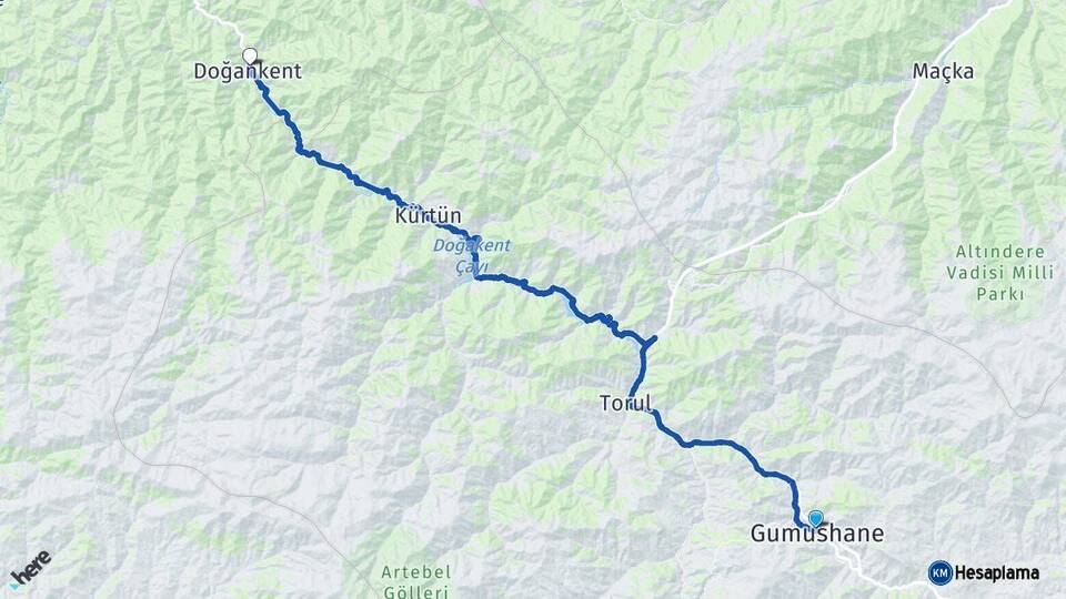 Gümüşhane Doğankent Giresun Arası Kaç Km - Yol Haritası