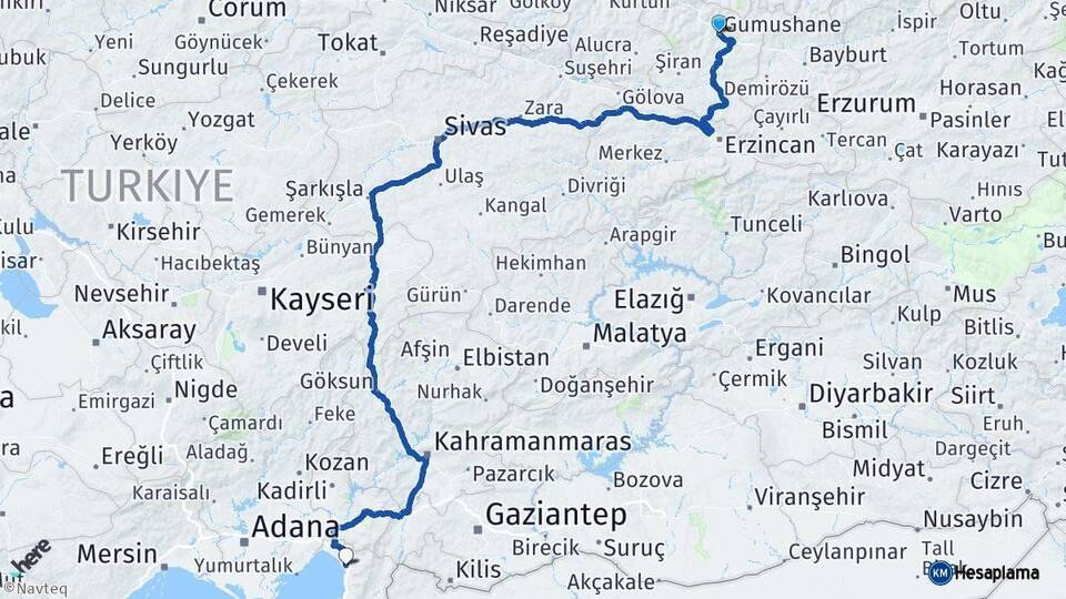 Gümüşhane Dörtyol Hatay Arası Kaç Km - Yol Haritası