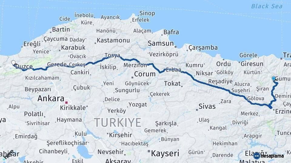 Gümüşhane Düzce Arası Kaç Km - Yol Haritası