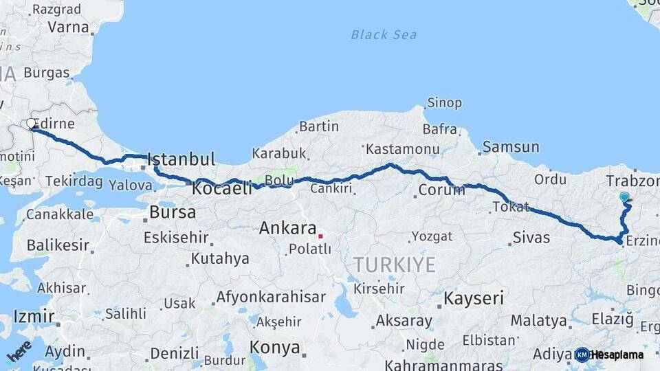 Gümüşhane Edirne Arası Kaç Km - Yol Haritası