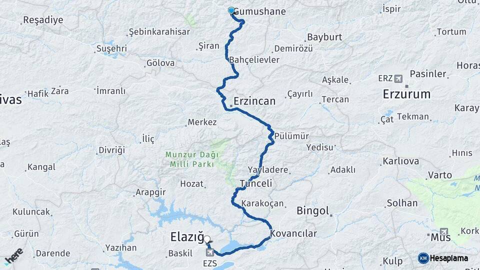 Gümüşhane Elazığ Arası Kaç Km - Yol Haritası