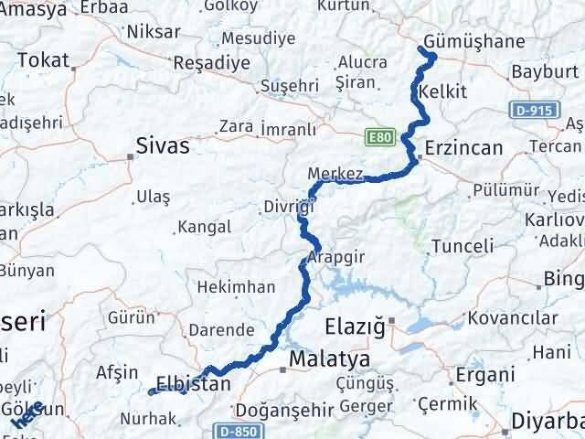 Gümüşhane Elbistan Kahramanmaraş Arası Kaç Km - Yol Haritası