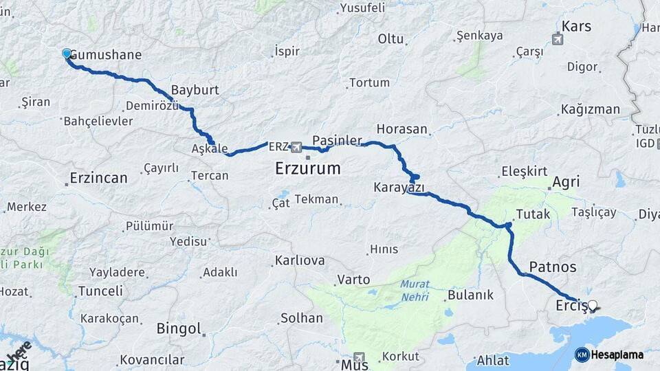 Gümüşhane Erciş Van Arası Kaç Km - Yol Haritası