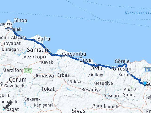 Gümüşhane Erfelek Sinop Arası Kaç Km - Yol Haritası