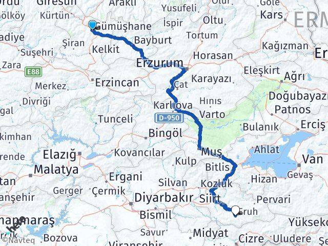 Gümüşhane Eruh Siirt Arası Kaç Km - Yol Haritası