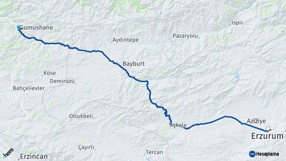Gümüşhane Erzurum Arası Kaç Km - Yol Haritası