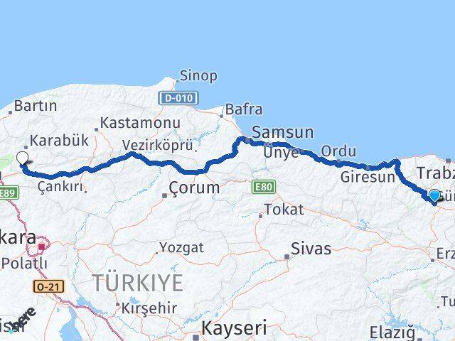 Gümüşhane Eskipazar Karabük Arası Kaç Km - Yol Haritası