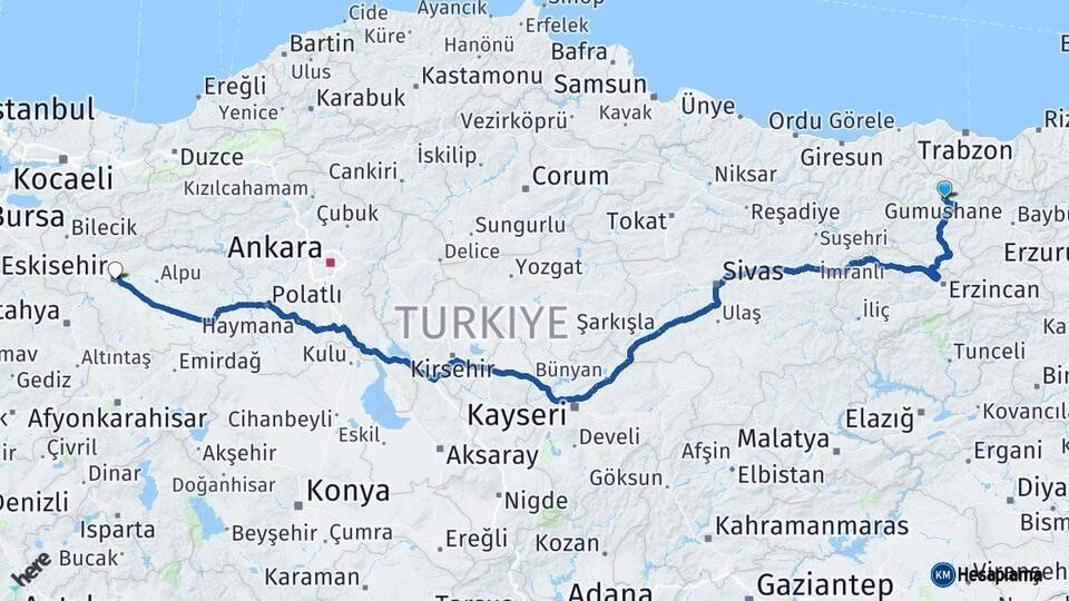 Gümüşhane Eskişehir Arası Kaç Km - Yol Haritası