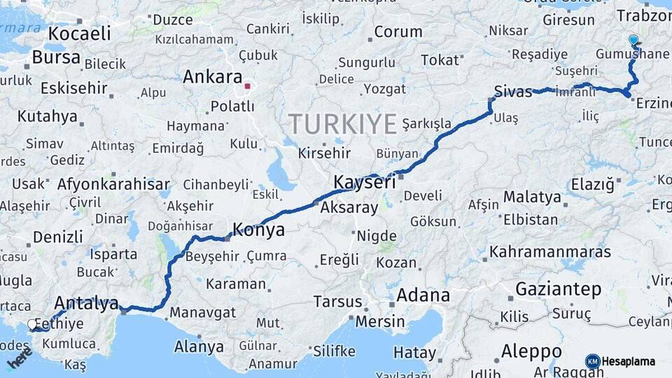 Gümüşhane Fethiye Muğla Arası Kaç Km - Yol Haritası