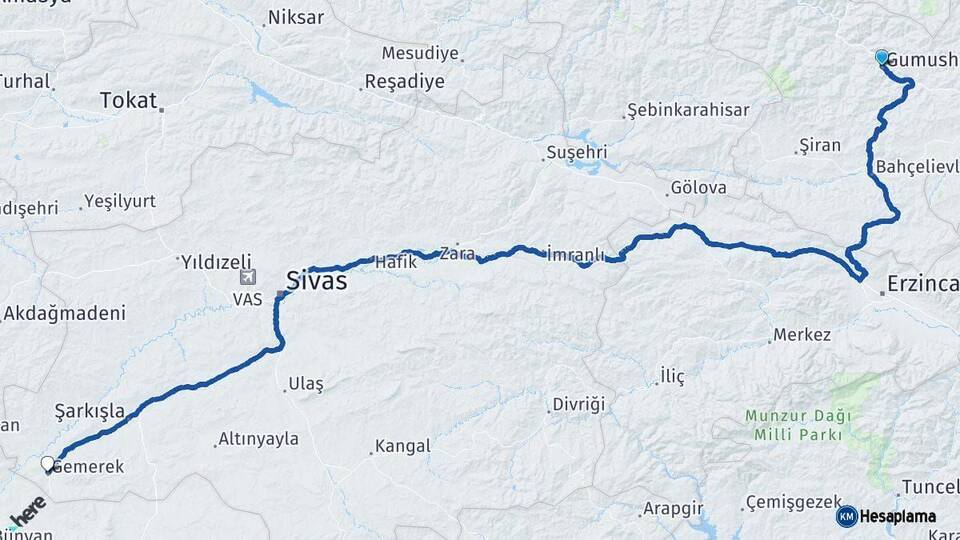 Gümüşhane Gemerek Sivas Arası Kaç Km - Yol Haritası