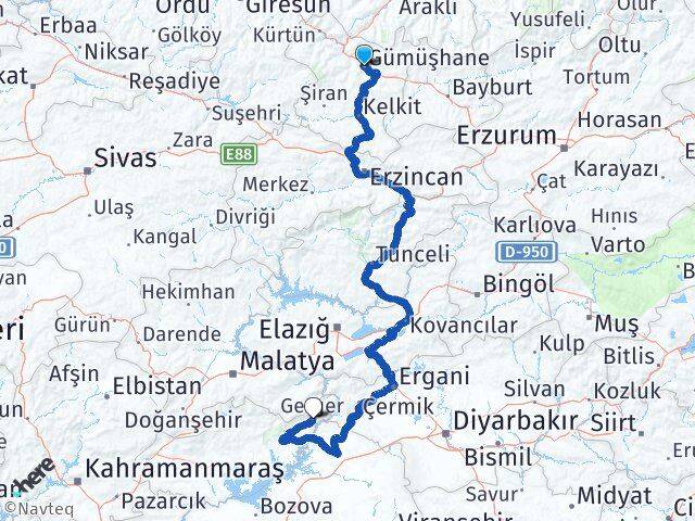 Gümüşhane Gerger Arası Kaç Km - Yol Tarifi