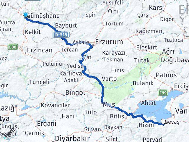 Gümüşhane Gevaş Van Arası Kaç Km - Yol Haritası