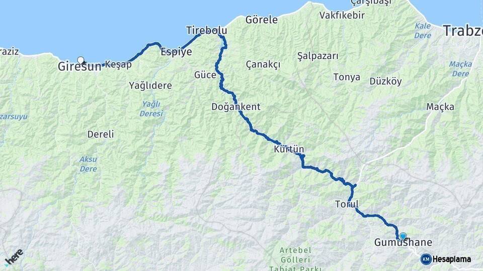 Gümüşhane Giresun Arası Kaç Km - Yol Haritası