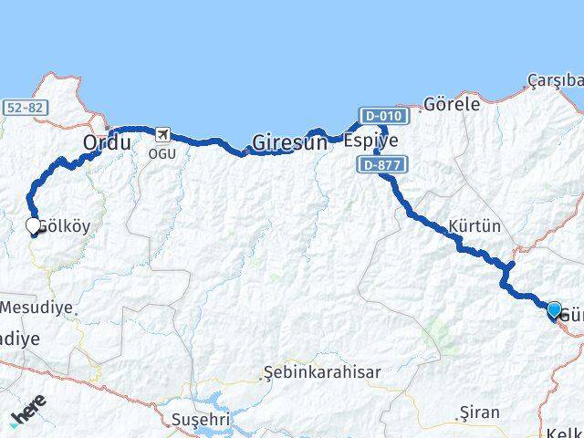 Gümüşhane Gölköy Ordu Arası Kaç Km - Yol Haritası
