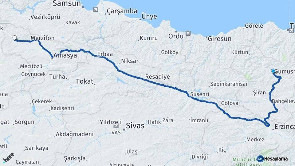 Gümüşhane Gümüşhacıköy Amasya Arası Kaç Km - Yol Haritası