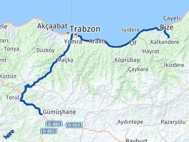 Gümüşhane Güneysu Rize Arası Kaç Km - Yol Haritası
