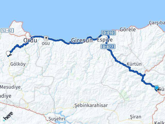 Gümüşhane Gürgentepe Ordu Arası Kaç Km - Yol Haritası
