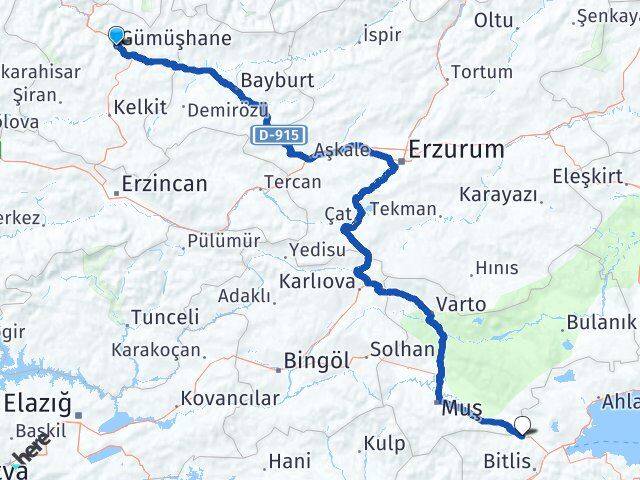Gümüşhane Güroymak Bitlis Arası Kaç Km - Yol Haritası