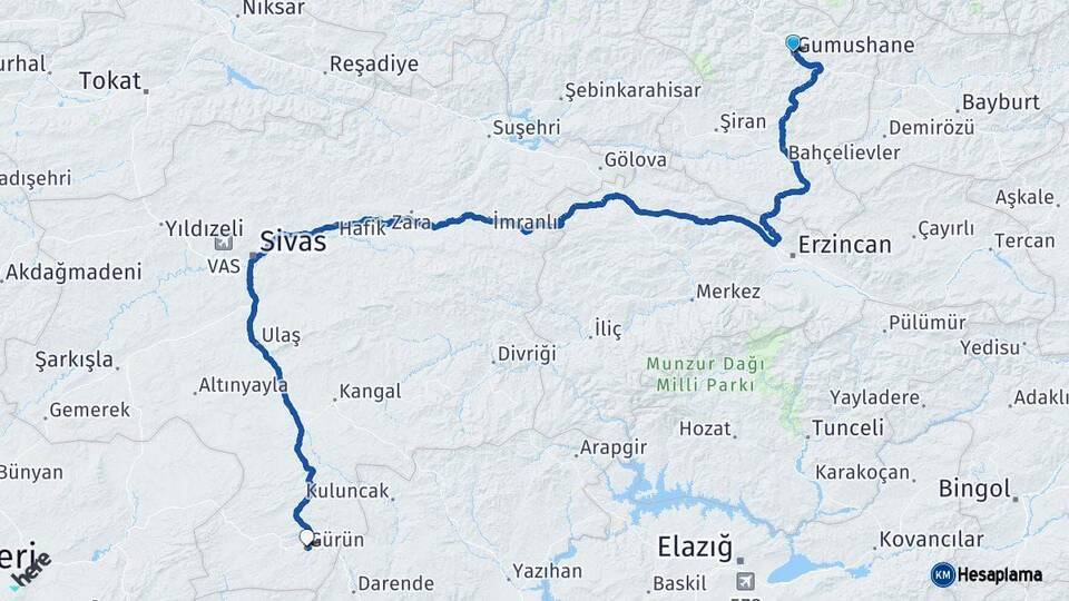 Gümüşhane Gürün Sivas Arası Kaç Km - Yol Haritası