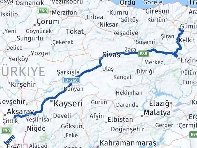 Gümüşhane Güzelyurt Aksaray Arası Kaç Km - Yol Haritası