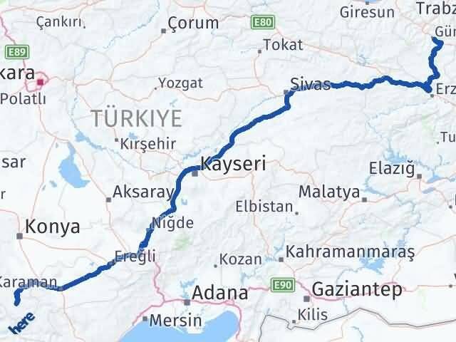 Gümüşhane Hadim Konya Arası Kaç Km - Yol Haritası