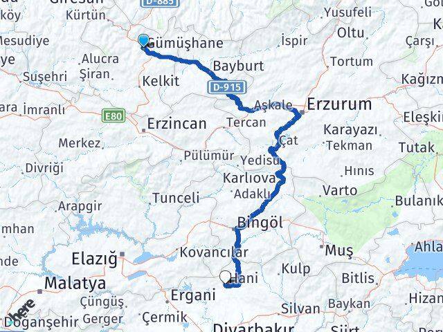 Gümüşhane Hani Diyarbakır Arası Kaç Km - Yol Haritası