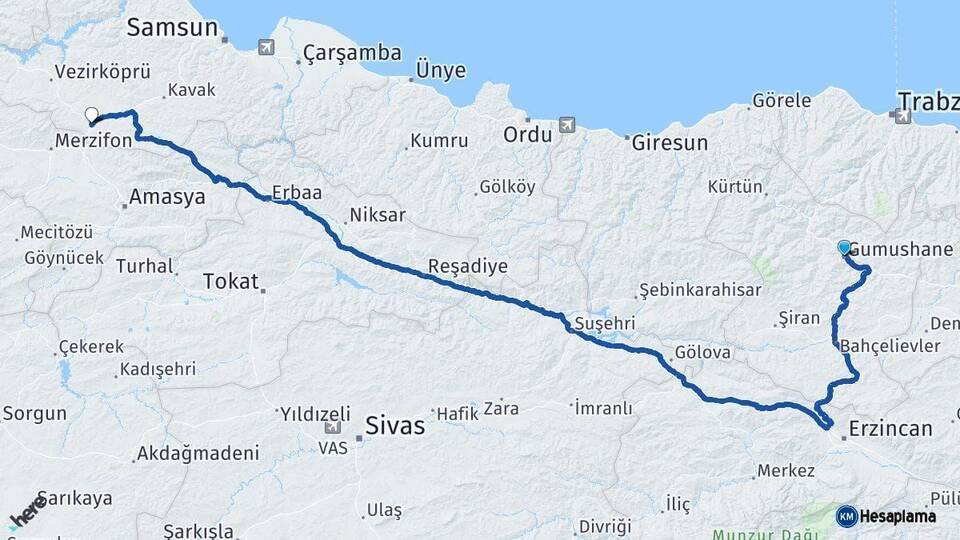 Gümüşhane Havza Samsun Arası Kaç Km - Yol Haritası