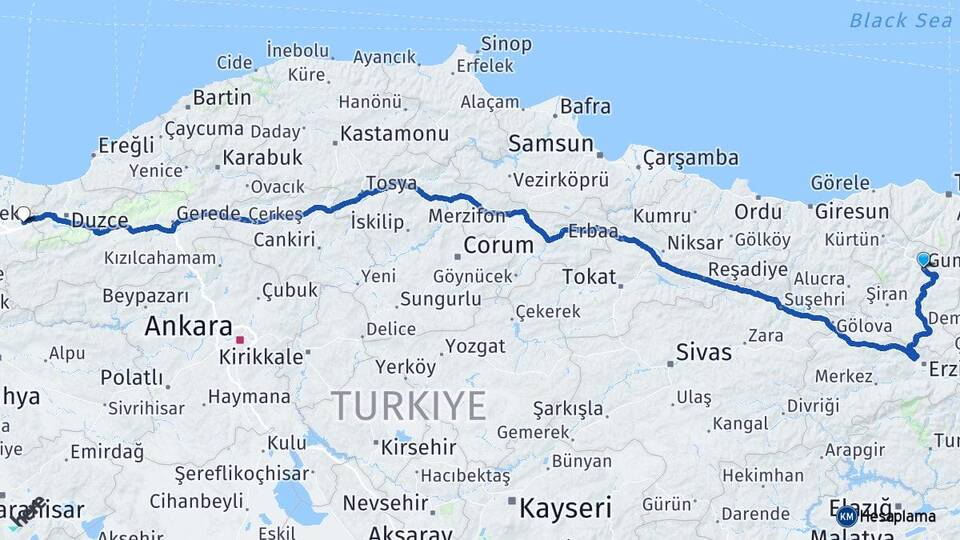 Gümüşhane Hendek Sakarya Arası Kaç Km - Yol Haritası