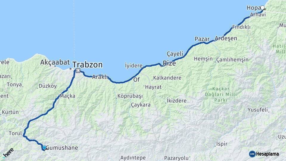 Gümüşhane Hopa Artvin Arası Kaç Km - Yol Haritası