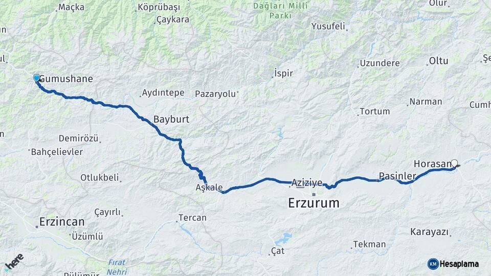 Gümüşhane Horasan Erzurum Arası Kaç Km - Yol Haritası