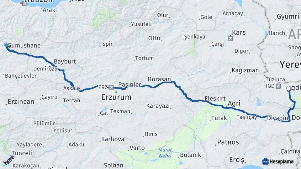 Gümüşhane Iğdır Arası Kaç Km - Yol Haritası