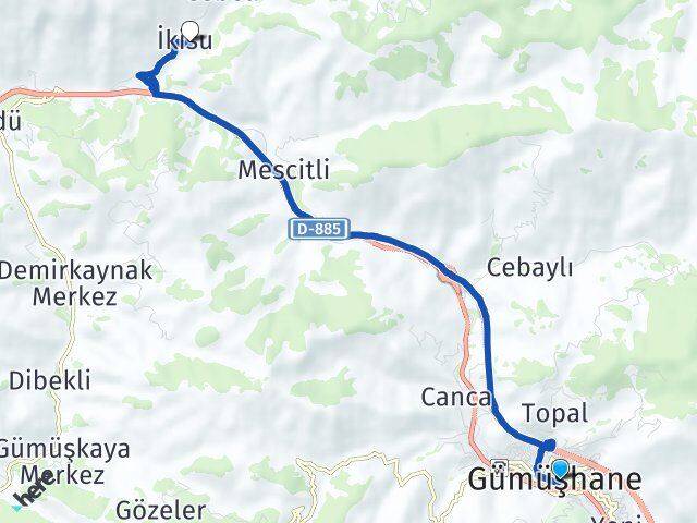 Gümüşhane İkisu Arası Kaç Km - Yol Haritası