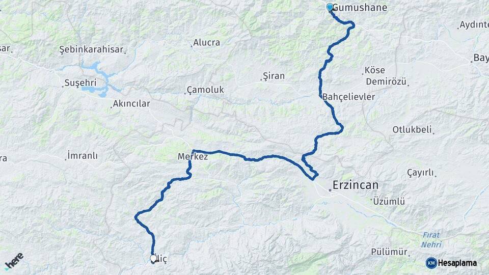 Gümüşhane İliç Erzincan Arası Kaç Km - Yol Haritası