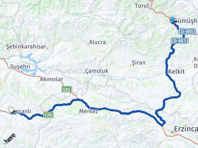 Gümüşhane İmranlı Sivas Arası Kaç Km - Yol Haritası