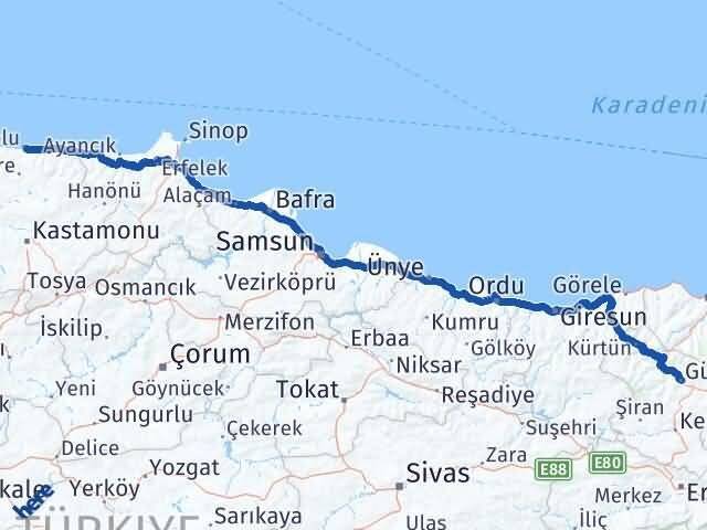 Gümüşhane İnebolu Kastamonu Arası Kaç Km - Yol Haritası